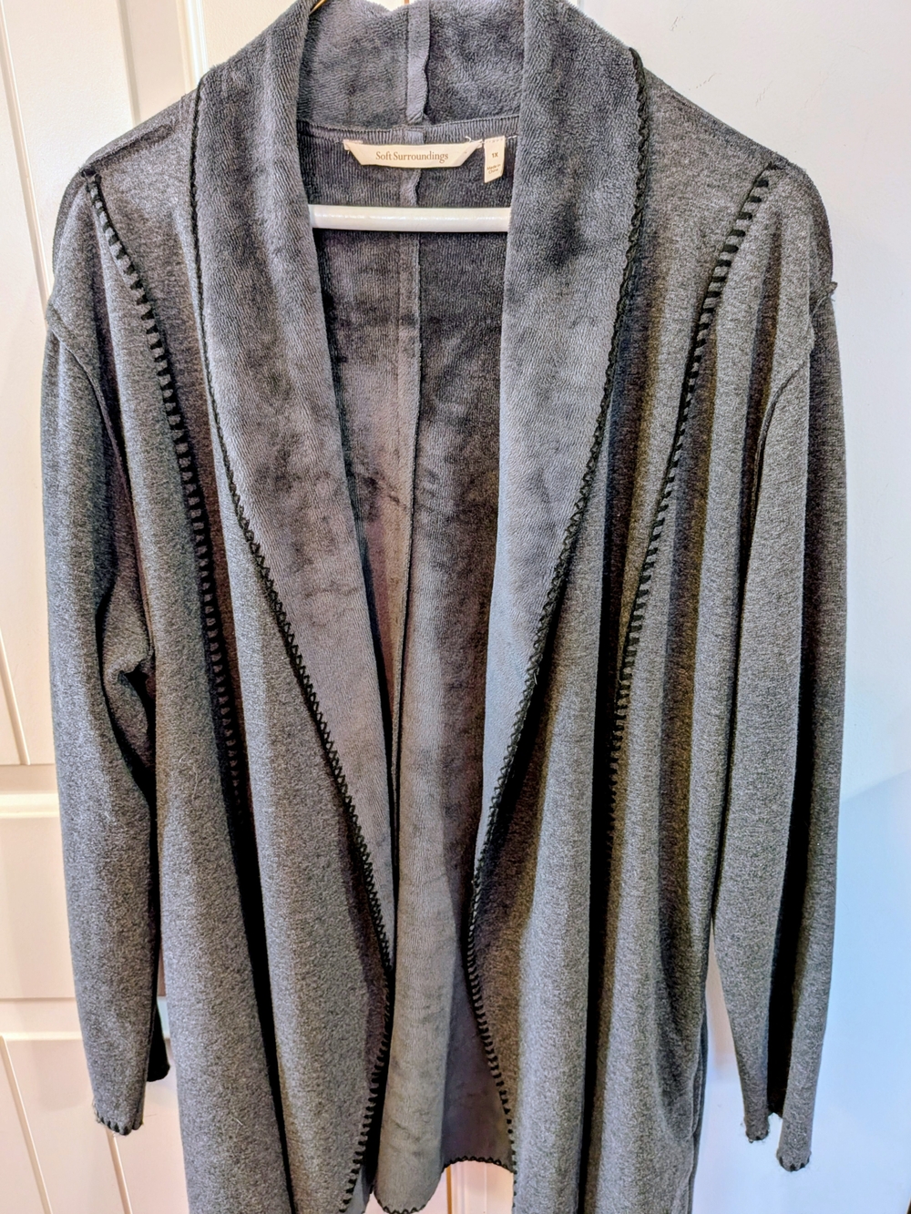Soft Surroundings 1X Gray Long Open Front Cardigan Jacket Whipstitch Trim